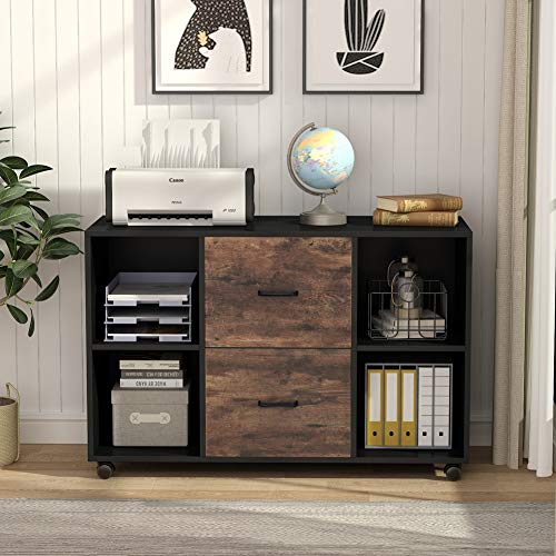 Tribesigns 2 Drawer File Cabinet, Large Mobile Lateral Filing Cabinet for Letter Size, Printer Stand with Storage Shelves and Rolling Wheels for Home Office (Black/Rustic) - color: Black