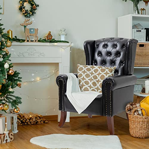 MOJAY PU Leather Accent Chair, Mid-Century Living Room Sofa Chair, Upholstered Arm Chair with Sturdy Wooden Legs, Faux Leather Club Chair for Bedroom Study Home Office Reception (Black) - color: Black, size: Set of 1