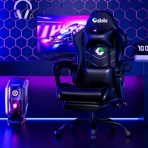 Czlolo Gaming Chair with Footrest Racing Style Lumbar Support Massager Video Game Chair with Metal Legs, High Back Gamer Chair with Headrest, 360° Swivel Office Computer Desk Chair (Black) - color: Black