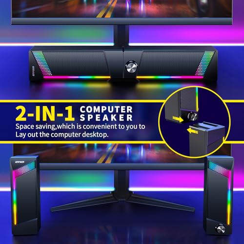 Computer Speakers, 2 in 1 PC Speaker , Gaming Speakers for PC Computer Laptop Desktop Monitor, RGB Speakers with Touch Sensitive Lighting, USB Powered 3.5mm Aux(Package Only Two Speaker, No Soundbar)