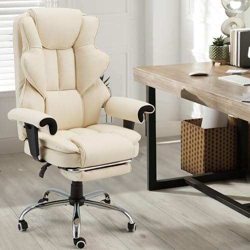 HOMREST Heated Massage Executive Office Chair with Foot Rest,Off White - color: Off White