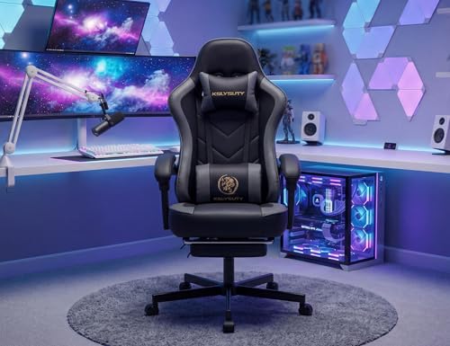 Office Desk Computer Gaming Chair for Adults, Ergonomic High Back Gamer Chair with Massage and Pocket Spring Cushion, Swivel Comfy Video Game Chairs with Footrest and Lumbar Support (Black Grey) - color: Base Grey Leather