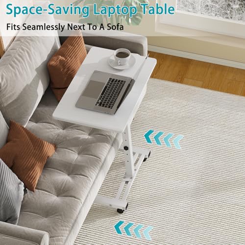 Rolling Adjustable Height Computer Desk With Drawers, Small Mobile Laptop Desk Cart On Wheels For Small Spaces Home Office, Portable Sitting Laptop Table For Bed Couch Load Up To 60LBS, Sturdy, White - color: White