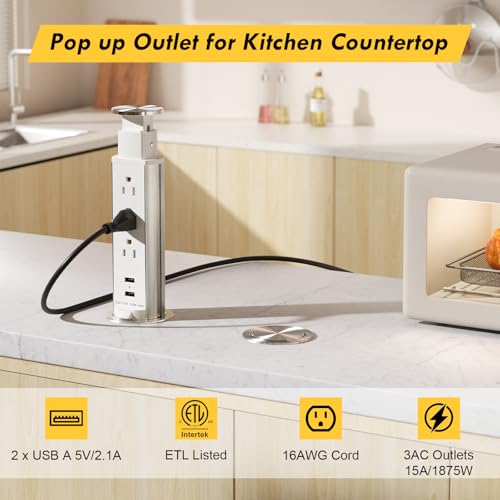 Pop Up Outlet for Countertop, Receptacle Power Strip with 3 AC Outlet 2 USB Ports, Pull Pop Up Power Socket Outlet, 2.5" Hole Recessed Outlet for Kitchen Counter Conference Desk Office, White - color: White