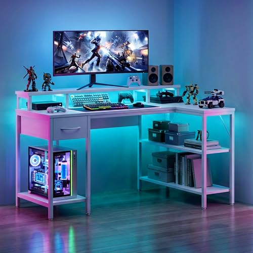 Alpen Computer Desk, L Shaped Desk for Gaming, Home Office Desk with LED Lights, Reversible Corner Desk with Shelves and Drawer, PC Desk for Living Room, Bedroom, 53 Inch, White - color: White, size: 53 Inches with LED Lights