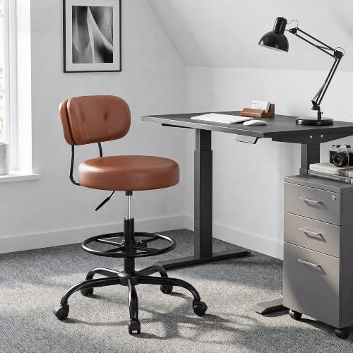 Homkdom Drafting Chair 17.32" Wide Seat & 3.94" Thick Cushion | Height-Adjustable Office Chair with Footrest Ring for Standing Desk, Auto-Lock Gravity Casters - PU Leather Brown - color: Brown