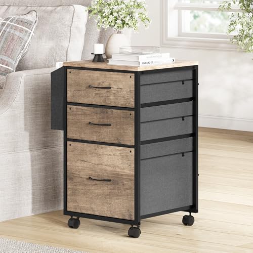 VINGLI 3 Drawer File Cabinet with Side Bag, Rolling File Cabinet Mobile Under Desk File Cabinet with Wheels, Fabric Drawers Printer Stand for Home Office, Fits Letter Size, Rustic Gray