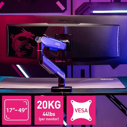 MSI MPG MT201R V2 - Premium RGB Single Monitor Stand Arm, Supports 17-49" Screens and 44 lbs, VESA Compatible, Adjustable Heavy Duty Gas Spring Mount, Clamp & Grommet, Quick Release Plate - Gray - color: Gray