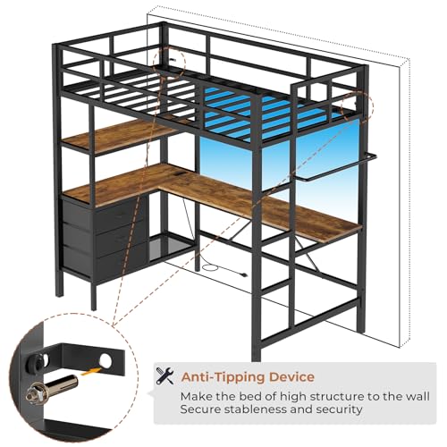 DICTAC Twin Loft Bed with L-Shaped Desk, LED Lights,Charging Station LED Metal Kids Loft Bed Twin Size with 3 Storage Shelves and 3 Fabric Drawers, Safety Guard & Ladder,No Box Spring Needed, Black - color: Black, size: Twin