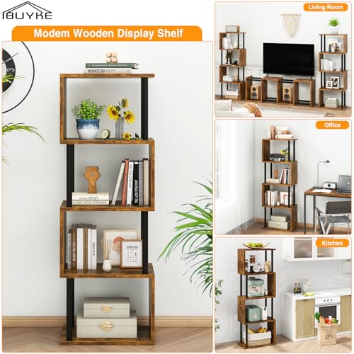 IBUYKE 5-Tier Tall Bookshelf,S-Shaped Geometric Bookcase,Brown WBC015H - color: Rustic Brown, size: 5 Tier