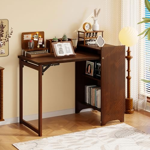 HDDFER Bamboo Folding Desk for Small Spaces,Hidden Desk with Storage Shelf, Foldable Computer Desk for Bedroom Home Office, Mid Century Modern Fold Out Table Writing Table, Walnut - color: Walnut