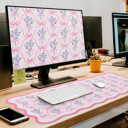 L-SPOUTTO Pink Floral Mouse Pad,Cute Scalloped Desk Mat XXL Gaming Mousepad | Girly Bow Large 35.4x15.7in Non-Slip Rubber Base Keyboard Pad Waterproof Desktop Mat for Laptop Computer Game Home Office - color: Flowers with Bow