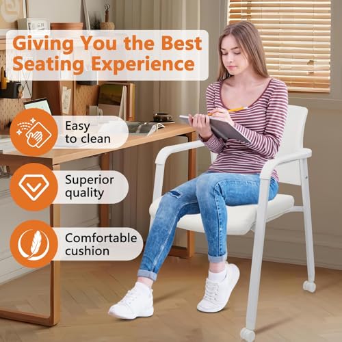 CLATINA Mesh Back Guest Reception Stacking Chair with Wheels, Waiting Room Stackable Chairs with Upholstered Leather Seat & Ergonomic Lumbar Support for Office Conference School Study Lobby, White - size: 1pack
