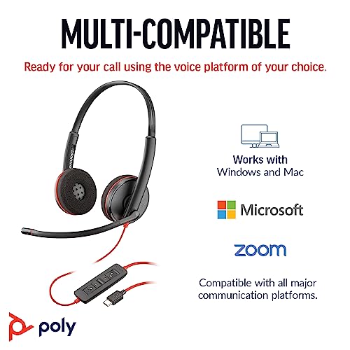 Poly Blackwire 3220 Wired Headset with Mic, Hi-Fi Stereo Sound, Noise-Canceling Mic, Stereo Design, Connect to PC via USB-C & USB-A Adapter, (Renewed)
