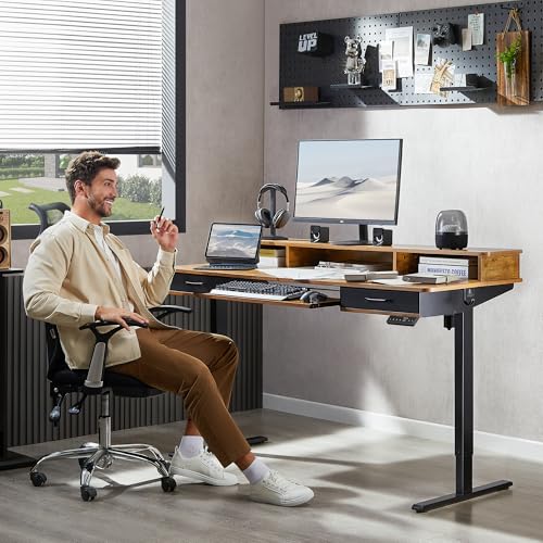 WALKINGDESK 63x24 Inches Electric Standing Desk with Keyboard Tray, Height Adjustable Stand up Desk with 2 Drawers, Ergonomic Sit to Stand Desk with Storage Monitor Stand, Computer Table, Rustic Brown - color: Rustic Brown, size: 63x24