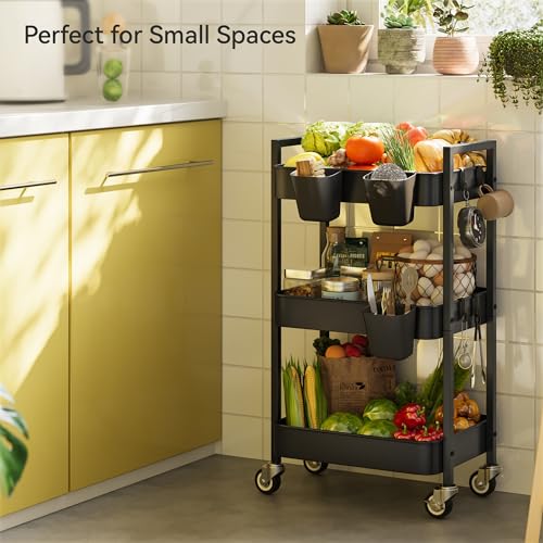 Nunsino 3 Tier Rolling Cart,Utility Cart with Locking Wheels, Hanging Cups & Hooks, Heavy Duty Metal Storage Organizer Cart for Kitchen,Office, Bathroom,Craft Room,Black - color: Black