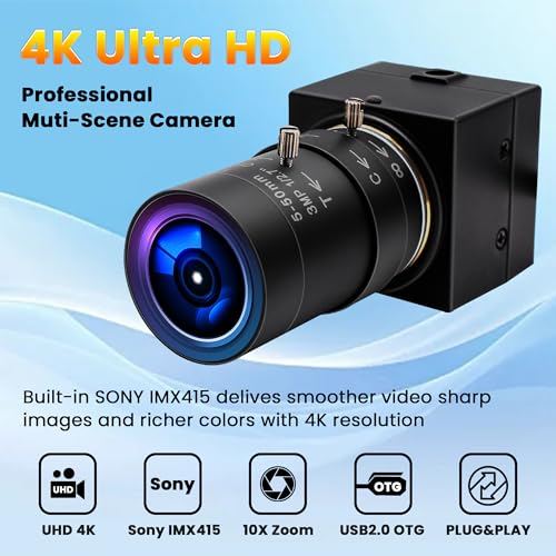 4K USB Camera, Ultra HD 2160P Webcam | 5-50mm 10X Optical Zoom Lens, Plug and Play for Video Conference, Compatible with Windows/macOS/Linux/Raspberry Pi - size: 5-50mm Varifocal Lens