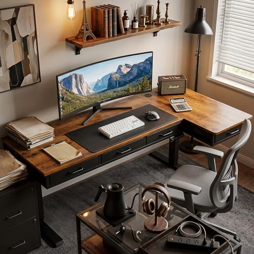 63 Inch L Shaped Electric Standing Desk with 4 Drawers, Rustic Brown | Reversible Corner Table, Office Desk With 4 Drawers and Outlets For Home Office, Computer Workstation And Sit Stand Use - color: Rustic Brown, size: 63 Inch