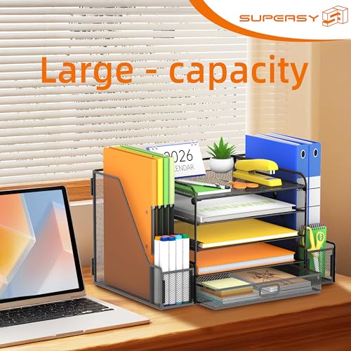 SUPEASY Mesh Desk Organizer with File Holder, 5-Tier Paper Letter Tray Organizer with Magazine Holder, Desktop Organizer and Storage with Drawer for Office Supplies Home or School (Black) | Two side magazine holders and a bottom drawer store papers, folde