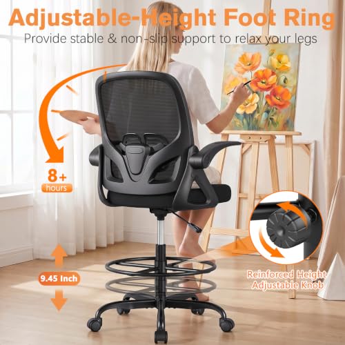 ORRSAKER Drafting Chair, Tall Office Chair with Flip-up Arms, Mesh Ergonomic Computer Standing Desk Chair with Adjustable Height Foot Ring and Lumbar Support, 300 LBS Capacity, Black - color: Black
