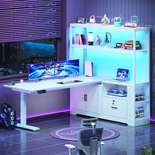 SEDETA 57" L Shaped Standing Desk, Sit Stand Office Desk with Storage Hutch - color: White, size: 57"