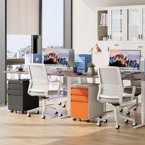 Dripex 3 Drawer Metal Rolling File Cabinet Under Desk Filing Cabinet Orange - color: Orange & White