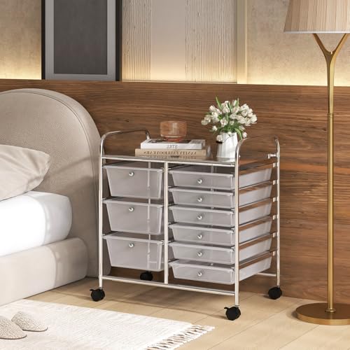 RELAX4LIFE 9 Drawer Rolling Storage Cart - Mobile Drawer Carts for Craft Art Supply Paper Salon, Utility Cart on Wheels for Classroom Teacher School Office, Rolling Cart with Drawers (Clear) - color: Clear, style: 9 Drawers