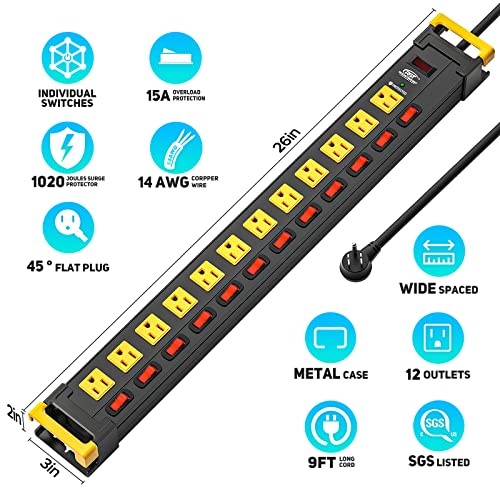 CRST 12-Outlet Heavy Duty Power Strip with Individual Switches 9FT Cord | 15A/1875W, Wide Spacing for Bulky Plugs, 1020J Surge Protector Power Strip with Cable Management for Garage Home Workshop - color: Black+Yellow, size: 12 Outlet-9FT