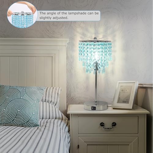 Touch Control Crystal Table Lamp, 3-Way Dimmable Lamp with USB A+C Ports - color: Light Teal
