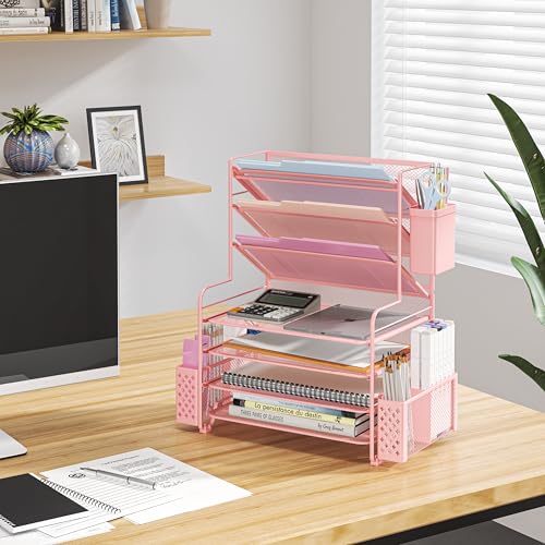 Simple Trending 7 Tier Desk File Organizer, Letter Tray Paper Organizer with Pen Holder and Metal Hanging Basket, Pink - color: 7 Tier Pink