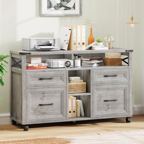 Halitaa Farmhouse Filing Cabinet with Adjustable Shelf & Wheels, Grey - color: Grey, size: 4 Drawers&Wheels
