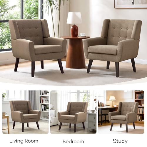 HUIMO Living Room Chairs Set of 2,Upholstered Button Linen Accent Chair | Mid Century Fabric Modern Armchair,Comfy Arm Club Sofa Chairs for Living Room Reading Bedroom,Waiting Room Brown 2PCS - color: Brown