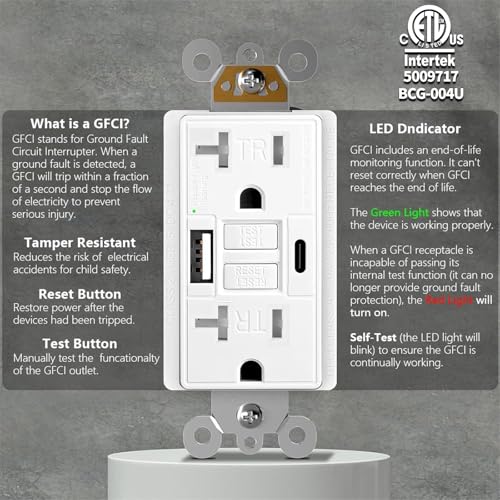 POWAWINI GFCI Outlet 20 Amp, ETL Listed, Charging Power Outlet with USB C & USB A Ports, Tamper-Resistant, Self-Test GFI Receptacles, LED Indicator, with Screwless Decor Wall Plates - size: 20 AMP GFCI