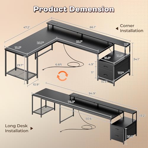 PRAISUN 66" L Shaped Gaming Desk with LED Lights & Power Outlets - color: Carbon Fiber Black