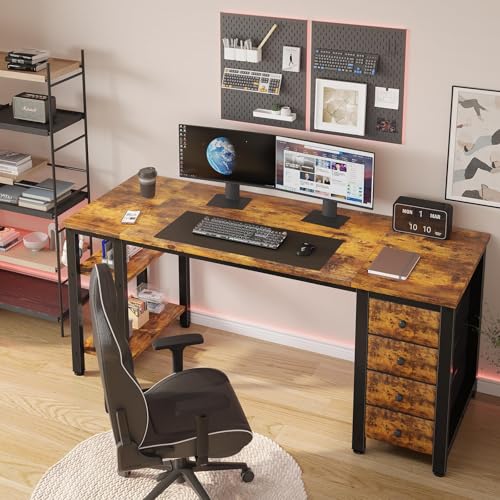 Lufeiya 55 inch Computer Desk with Storage Shelves, Writing Work Study Desk for Home Office Bedroom, Modern Simple Student PC Desks Table with 4 Fabric Drawers, Rustic Brown - color: Rustic Brown, size: 55.1"