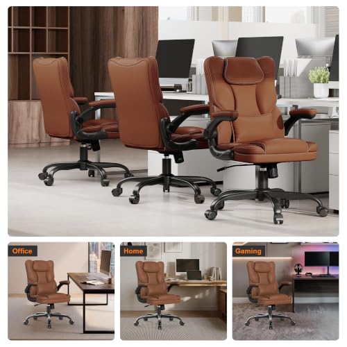 Executive Office Chair Flip Up Arms Lumbar Support Home Office Desk Chair - color: Brown