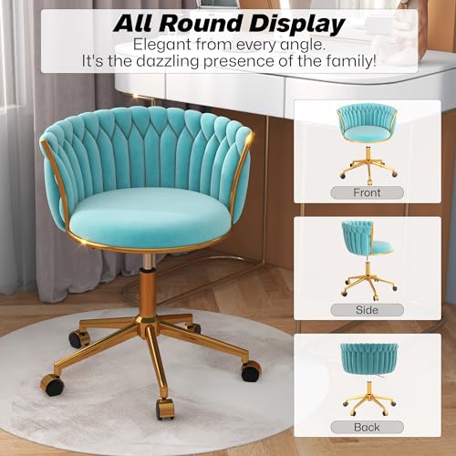 HENGJIANYI Velvet Woven Home Swivel Vanity Desk Chair with Gold Base, Cyan | Modern Height Adjustable Office Chair with Metal Base and Hand Weaving Back Wheels for Bedroom Study Small Space girl women - color: Cyan