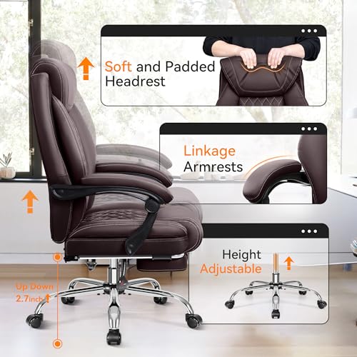 BestGlory Office Chair, Executive Leather Chair Adjustable High Back, Computer Desk Chair Lumbar Support, Big and Tall Office Chair with Footrest, Comfy Reclining Chair for Home Office - color: Coffee, style: With Footrest