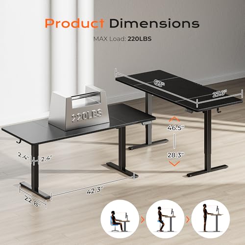 Huuger 63 x 28 Large Electric Standing Desk, Height Adjustable Computer Desk, 27.6" Deep Desktop, Stand up Gaming Office Table with 2 Hooks, 3 Preset Heights, for Home Office, Black - color: Black, size: 63*28 inch (no outlets)