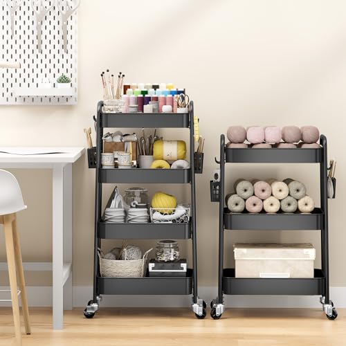 TOOLF 4 Tier Rolling Cart, Metal Utility Storage Cart with Pegboard, Black | 2 Bins & 4 Hooks, Screwless Assembly, Lockable Wheels, Trolley Organizer for Bathroom, Kitchen, Office, Dorm, Craft Room - color: Black, size: 4-Tier