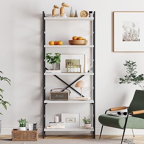 Vongrasig 5 Tier Metal Bookshelf, Narrow Industrial Bookcase, White - color: White