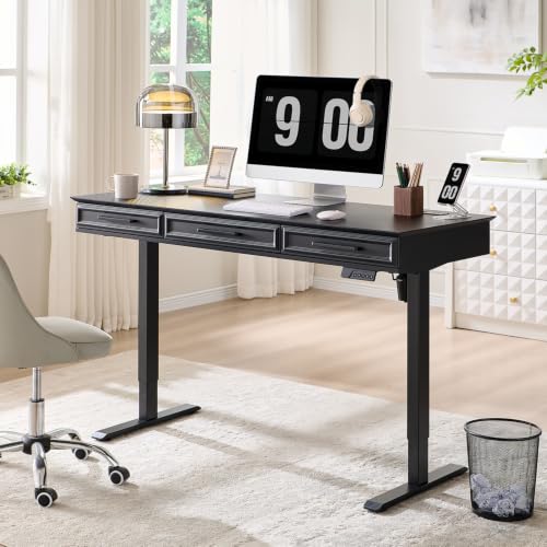 Electric Standing Desk with 3 Storage Drawers, 55x22 Inch Wood Adjustable Height Computer Desk w/One-Piece Desktop, Sit to Stand Up,Power Outlets, Gaming Table for Home Office and Study, Black - color: Black