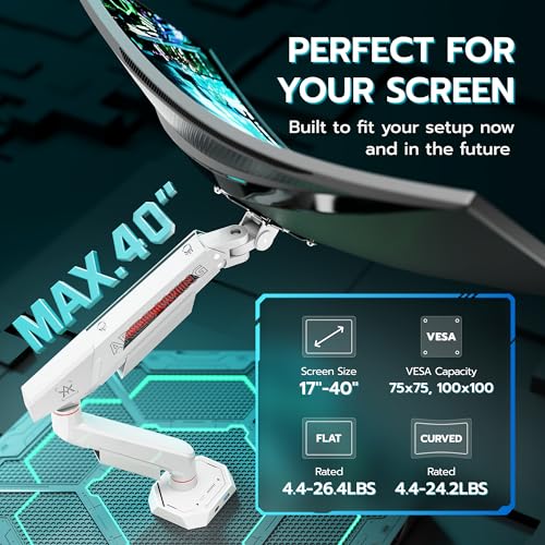 ARES WING 17-40 Inch Heavy Duty Single Monitor Arm with USB, White | Fully Adjustable Monitor Mount for Flat Curved Ultrawide Screens Up to 26.5lbs, C-Clamp & Grommet Base, 75/100 Vesa Mount - color: White, size: Single Monitor Arm