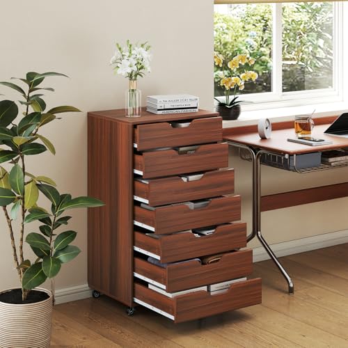 7 Drawer File Cabinet, 34.5" Vertical Storage Drawer Cart, Under Desk Office Organizer, Wooden Printer Stand, Rolling Filing Cabinet for Home Office (Walnut) - color: Walnut, size: 19" x 15.5" x 34.5"