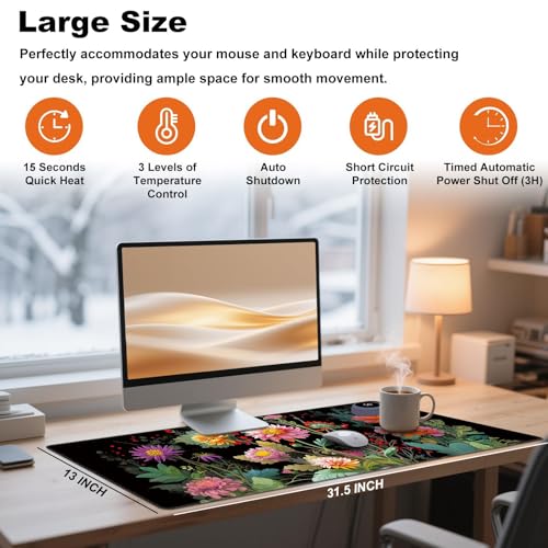 Heated Desk Pad 31.5" x 13" 3 Large Heated Mouse Pad with Heat Levels (40°C/45°C/50°C) & 3H Auto Shut-Off Desk Mat Fast Heating PU Leather Warmer Mousepad for Home Office - Beautiful Floral Flowers - color: Beautiful Floral Flowers, size: 31.5 x 13 inch
