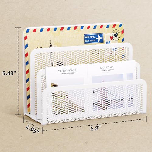 Marbrasse Mail Organizer for Desk, 3-Slot Mesh Metal Mail Holder countertop, Letter Holder, Office Desktop Envelope and Document Storage Rack (White) - color: White