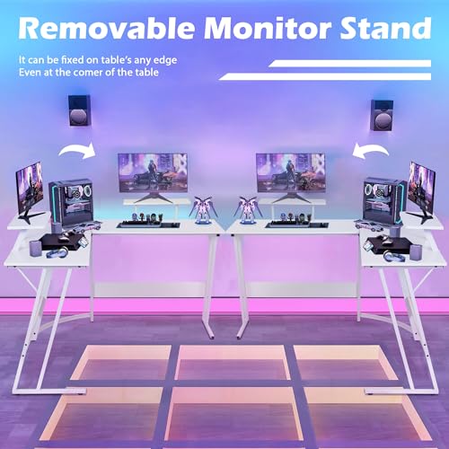 Gaming Desk L Shaped Desk, 50.4” Large Desk Computer Desk with Shelves & Carbon Fiber Desktop, Wood Desk Table Computer Table Writing Desk Work Desk pc desk for Bedroom Office Dorm Small Space, White - color: White