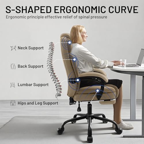 Ergonomic Office Chair with Footrest,PU Leather Executive Desk Chair Padded Linkage Armrests,Lumbar Support,Swivel Computer Chair for Home Office & Gaming,Khaki - color: Khaki