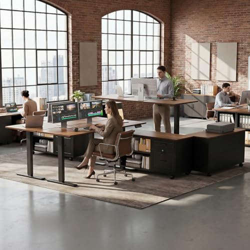 OffiGo 48" L Shaped Electric Standing Desk with Cabinet Sets, Walnut/Black - color: Walnut+black, size: 48 Inch