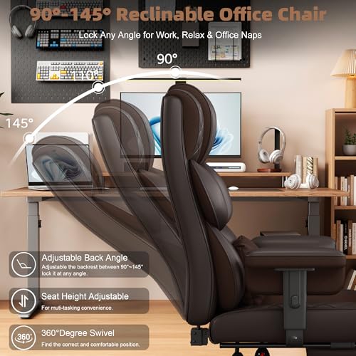 Vonesse Office Chair, Desk Chair with Soft Adjustable Armrests, Ergonomic High Back Gaming Chair with Lumbar Support, Executive Computer Chairs with Footrest (PU Leather, Brown) - color: Brown